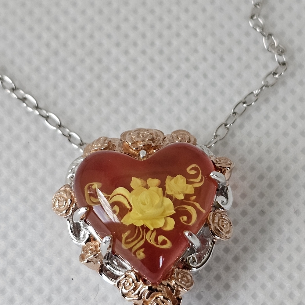 Gems En Vogue Amber Heart 18K Rose Gold Palladium Sterling Silver Necklace! - Picture 3 of 7